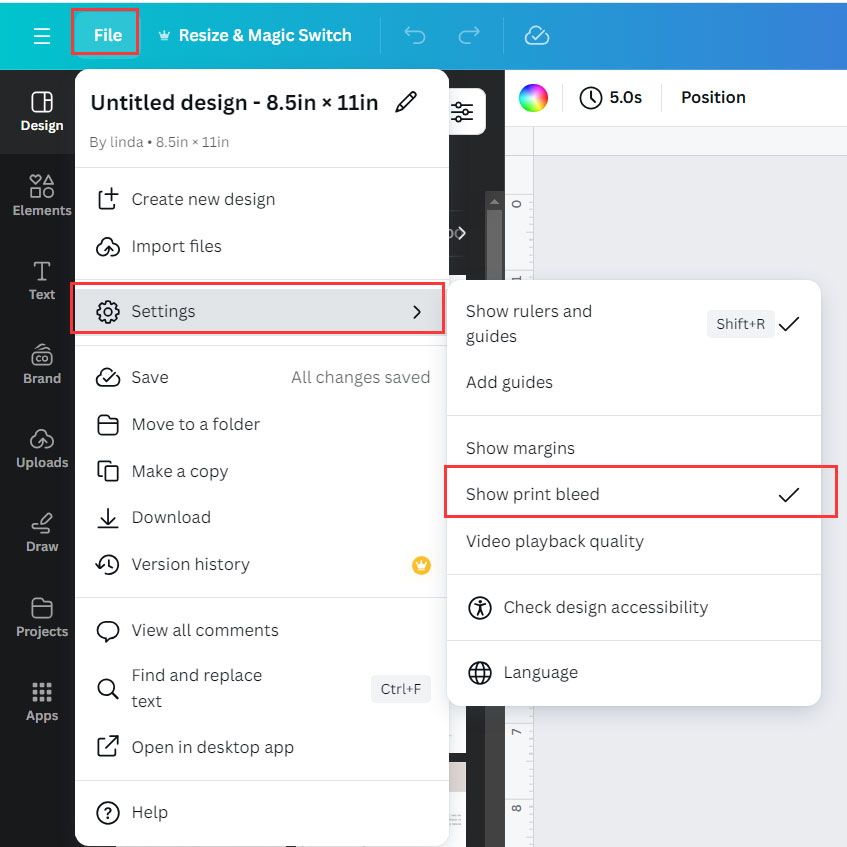 Enable print bleed settings